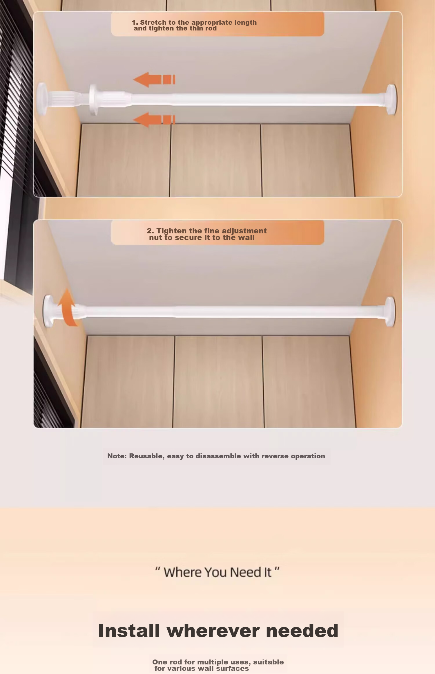 YOUQIN Retractable Clothes Drying Rod, No Drilling Required, Balcony Clothes Rack Support Rod, Wardrobe Hanging Rod, Single Rod for Home Use, Curtain Rod 8