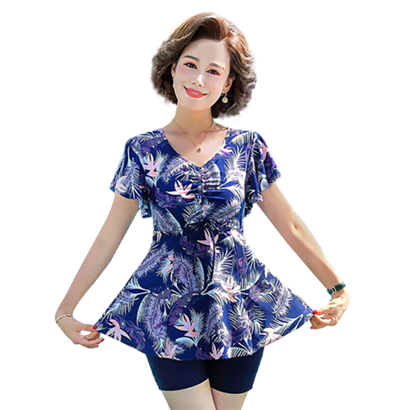 F.DYRAA Women's Slimming Swimsuit Dress Conservative One-Piece Swimwear for Middle-Aged And Elderly, Four-Piece Set 11701 Blue XL