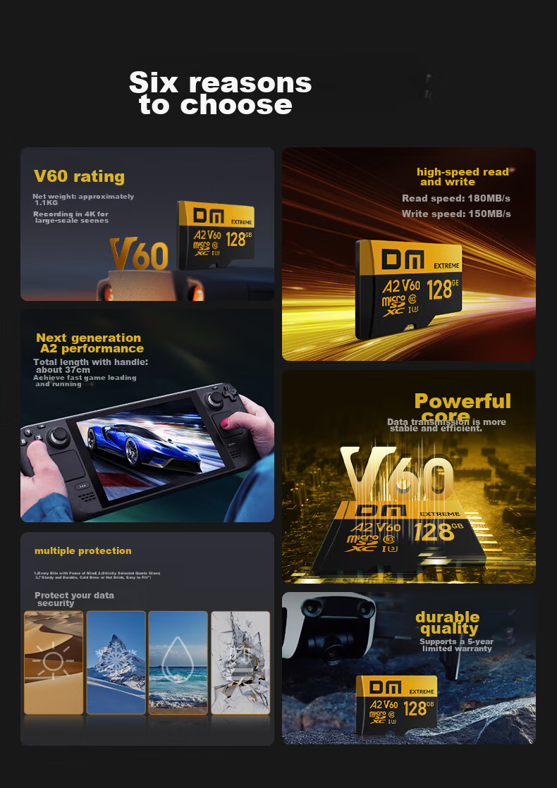 DM Daimai 128GB TF (MicroSD) Memory Card, V60 4K Ultra HD High-Speed Drone Monitoring Car Recorder Game Console Action Camera Memory Card 2