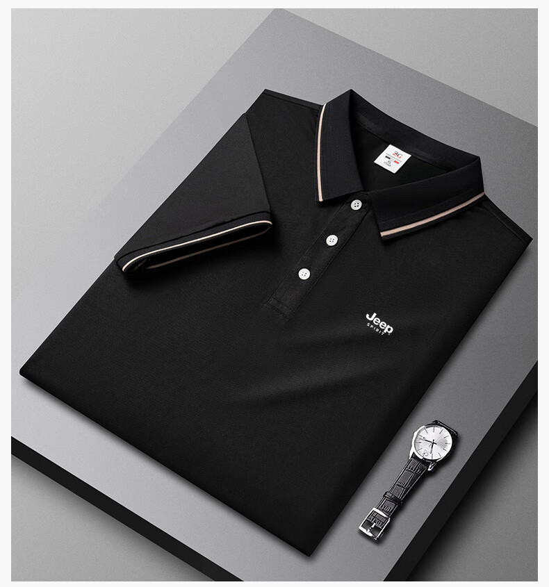 JEEP SPIRIT Men's Short-Sleeve T-Shirt, Summer Business Casual Polo Shirt with Collar, Solid Color Breathable, Black, Size L 6