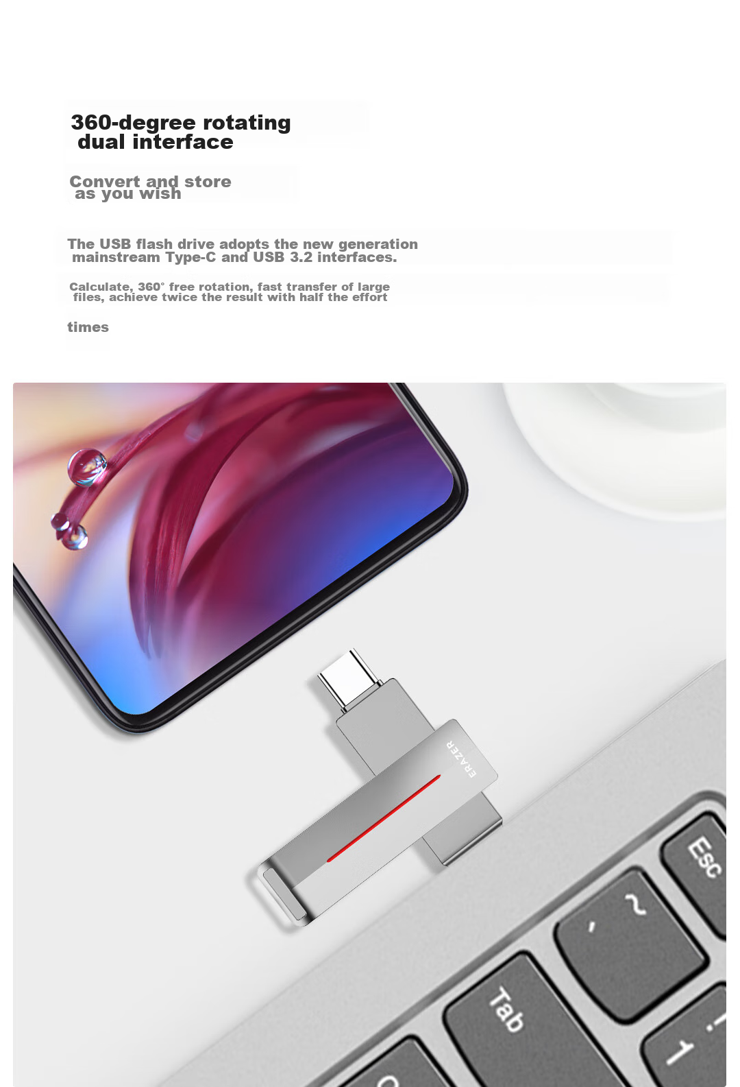 Lenovo Invests in Brand Yinengzhe 32GB Type-C USB3.2 Flash Drive F500, Silver, Read Speed 150MB/s, Dual Interface for Phones And Computers, Office Business USB Drive 3