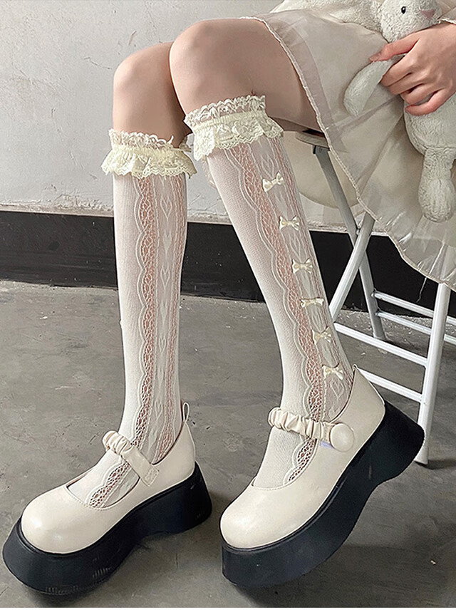 LangSha Silk Stockings, Mid-Calf Socks for Women, Thin Spring And Summer Style with Lace Trim And Bow, Thigh-High Socks, Pure Seductive Style, JK Lolita Silk Stockings 4