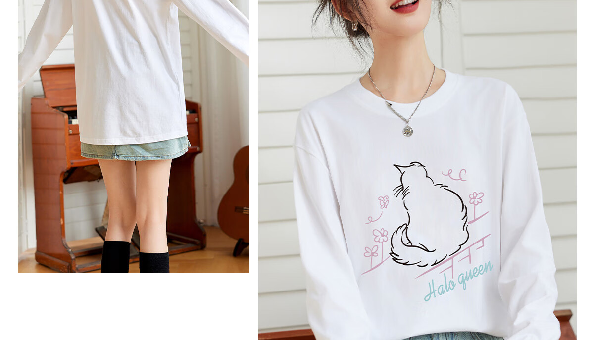 Halo Queen Women's Short-Sleeve T-Shirt, Summer Lightweight Round Neck Tee, American Sweet Cool Cat Print Half-Sleeve Top H143T1409 28