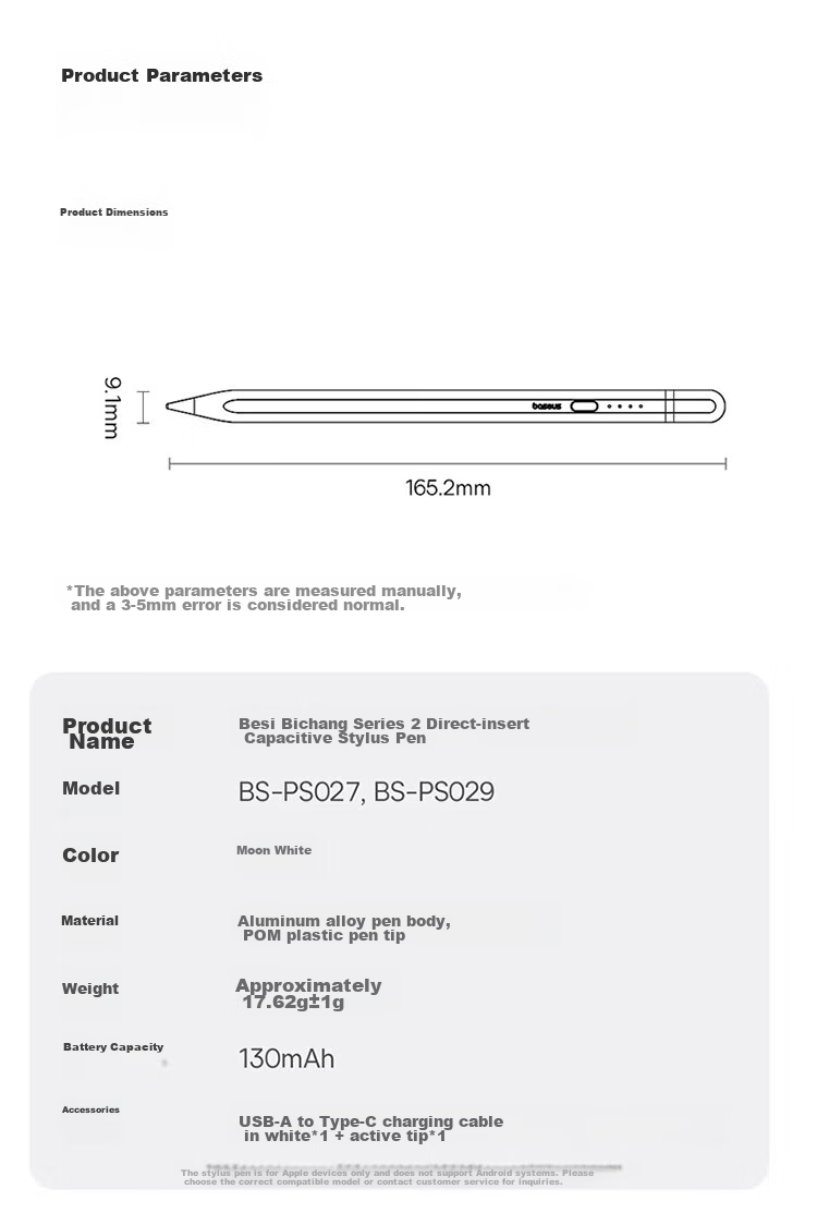 Baseus Capacitive Stylus Pen for iPad Apple Pencil [Direct Plug/C Port Fast Charging] Compatible with Pro/Air/Mini7/iPad11 Tablet Touchscreen Stylus Apple Pencil 2nd Generation 15