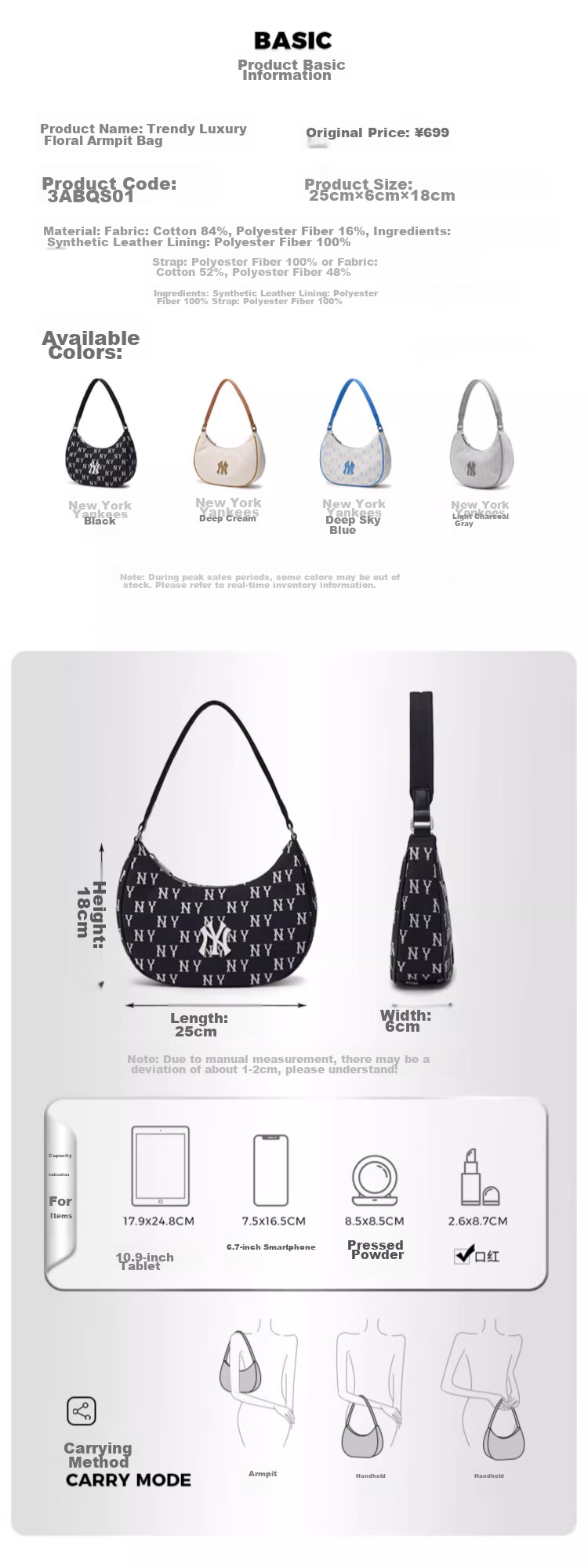 MLB Handbag for Women, Underarm Bag, Crossbody Bag, Handbag, Shoulder Bag, Travel Bag, Tote Bag, Gift, 3ABQS014N-50BKS 2
