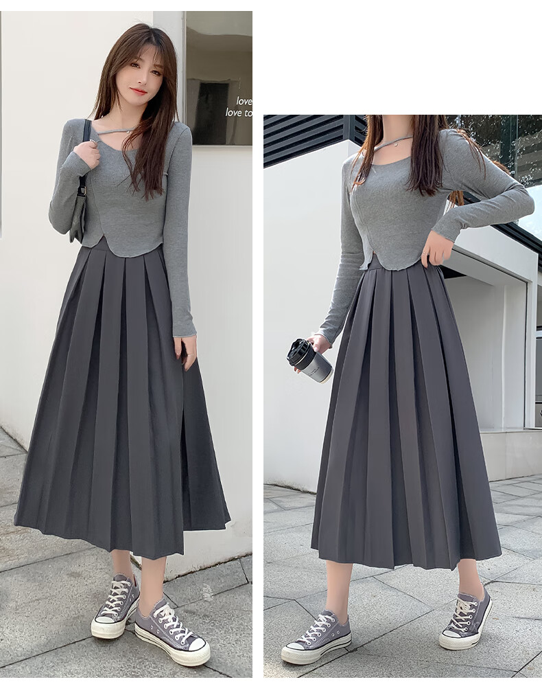 LangSha Pleated Skirt Women's Spring Vintage Mid-Length A-Line Skirt Elastic Waist Slim Fit Suit Umbrella Skirt 16