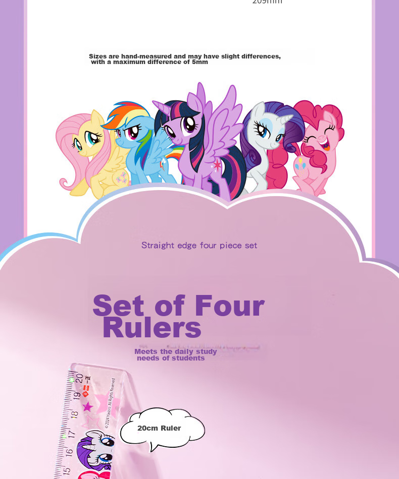 YIZHENG Drawing Set, Stationery, My Little Pony High-Quality 20cm Ruler Set of Four Pieces, Elementary School Students' Special Straight Ruler Triangle Ruler Protractor, Purple Set 5936 4