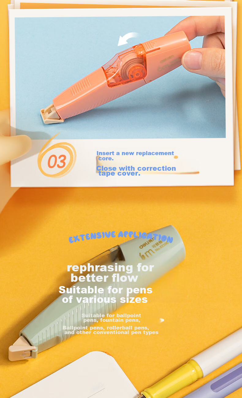 Deli [Lowest Price Online] 36m Pen-Style Correction Tape Refills, Large Capacity Refillable, Student Back-To Stationery Correction Tape, Pack of 6, Correction Tape 7