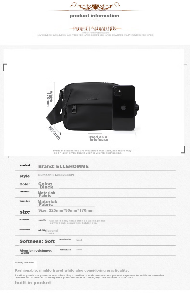 ELLE HOMME Men's Shoulder Bag, Trendy Lightweight Canvas Crossbody Bag, Water-Resistant Casual Phone Bag for Men, Travel Bag, Black 11