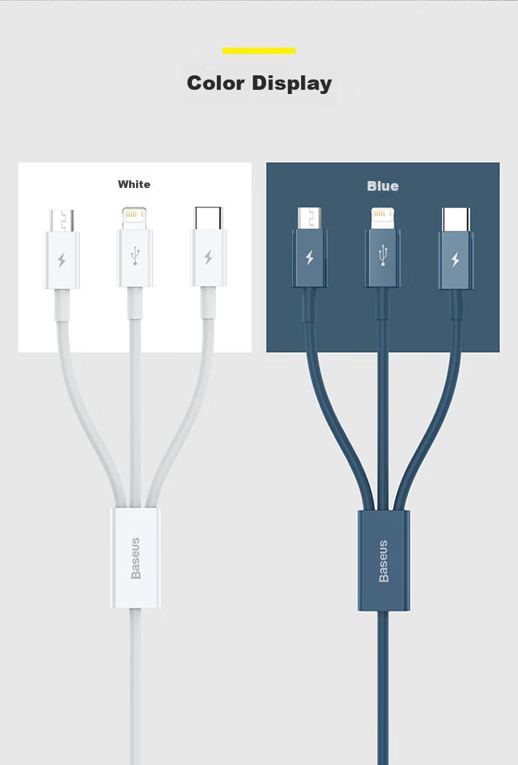 BASEUS Data Cable Three-In Type-C Apple 18 Charging Cable, One-To Compatible with IPhone 17/16/15/14/13, Xiaomi, Huawei, Car Charger Cable 13