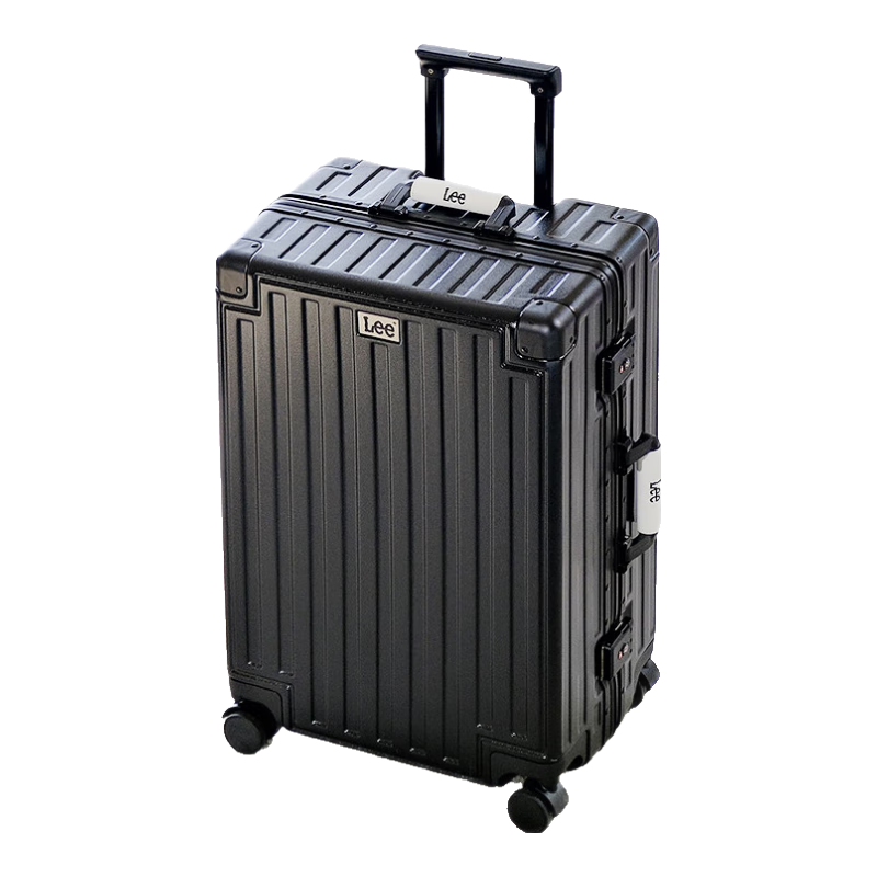 Lee High-Quality Aluminum Frame Multifunctional Suitcase with Leather Handle, Large Capacity Password Lock Travel Case, Black, 24 Inches