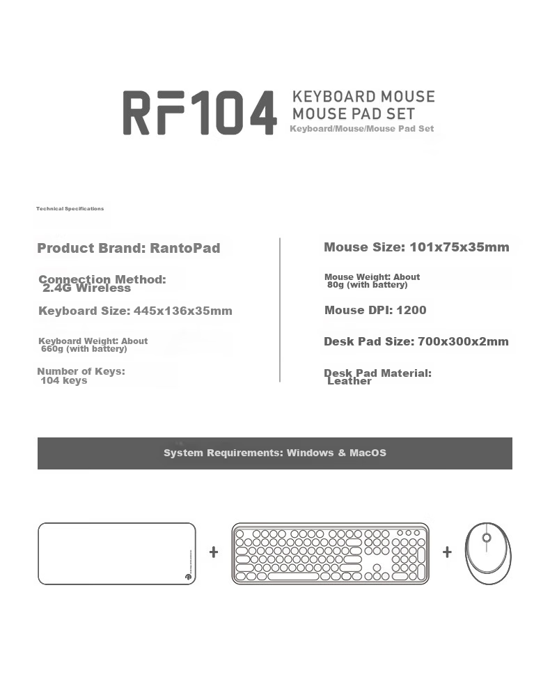 Rantopad RF104 Wireless Keyboard And Mouse Combo, Office Keyboard And Mouse Set, Retro Keyboard, Mouse, Full-Size 104-Key Set, Purple Mixed Color 10