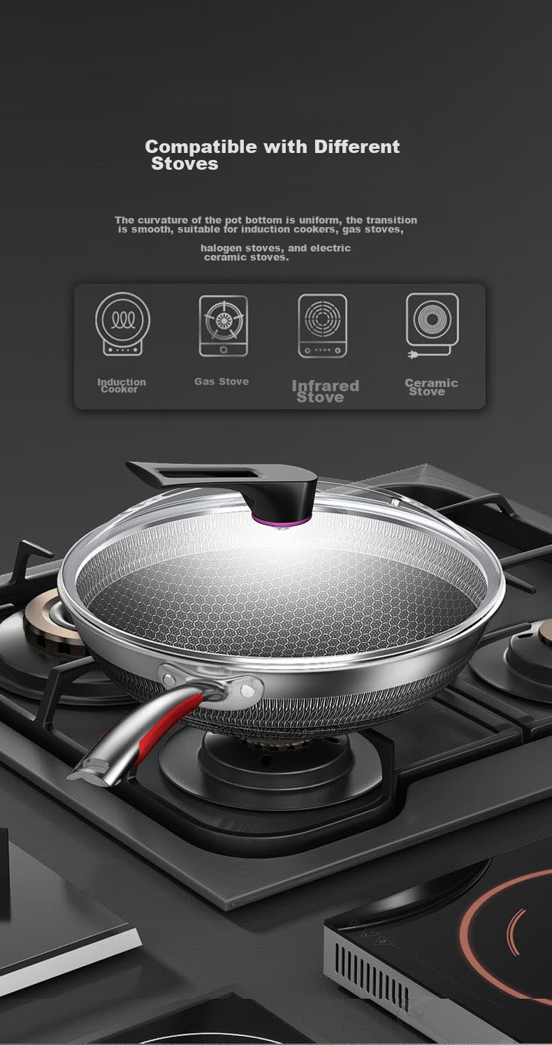 KBH Wok, Yuechu Honeycomb Double-Sided Non-Stick Pan, 316L Stainless Steel Frying Pan, 32cm, Compatible with Induction And Gas Stoves 8