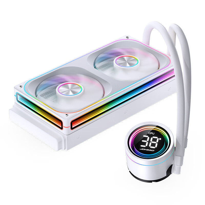 JONSBO TH-240 White All-In Liquid Cooler (Integrated 4-Fan Chassis/Single Cable Connection to Motherboard/Cooling Head with Digital Display/Software/Layered Mirror Lighting Effects)