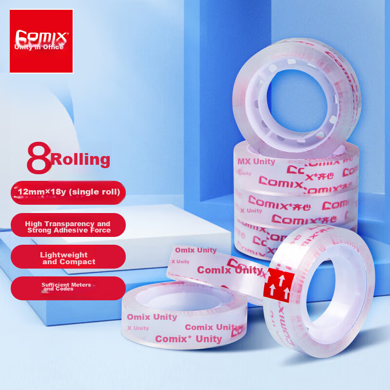 COMIX High Transparency Small Tape 8 Rolls, Width 12mm * Length 16 Meters/roll, Easy Tear High Adhesion, Office Tools, Student Stationery Supplies JF1218-8