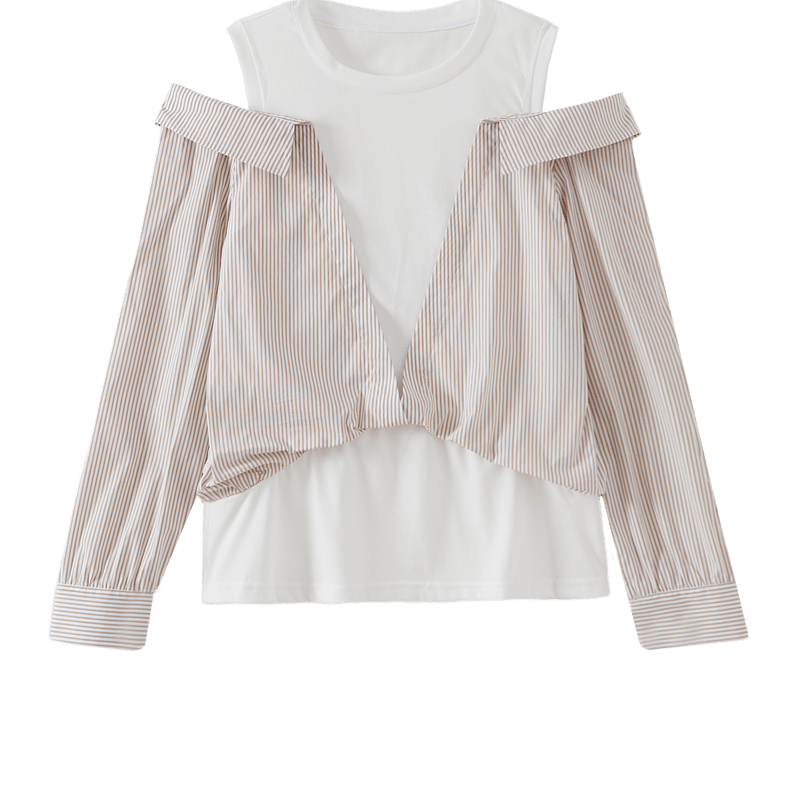 Dme Round Neck Cotton Faux Two-Piece Off-Shoulder Shirt, Plaid Patchwork Blouse, Women's Top, Off-White, M