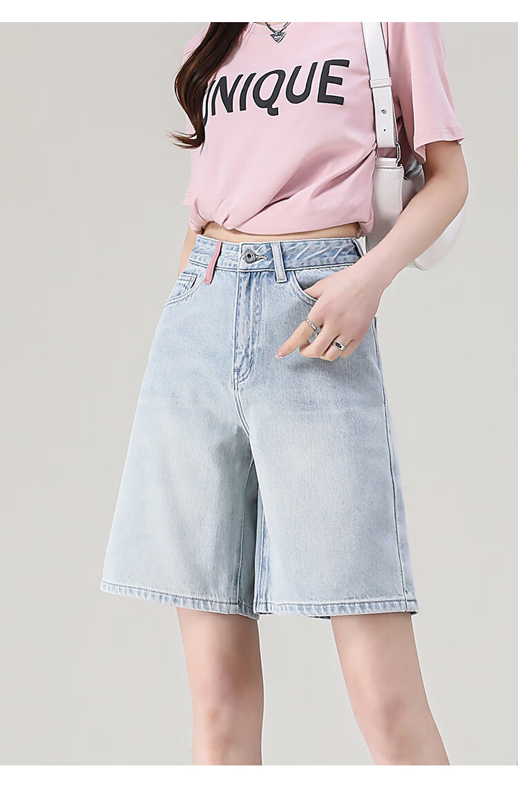 Dme Sweet Cool Girl Style Spring And Summer Contrasting Color Design Denim Knee-Length Pants, Women's Loose Non-Stretch Mid-Length Shorts, Light Blue, Size 30 13