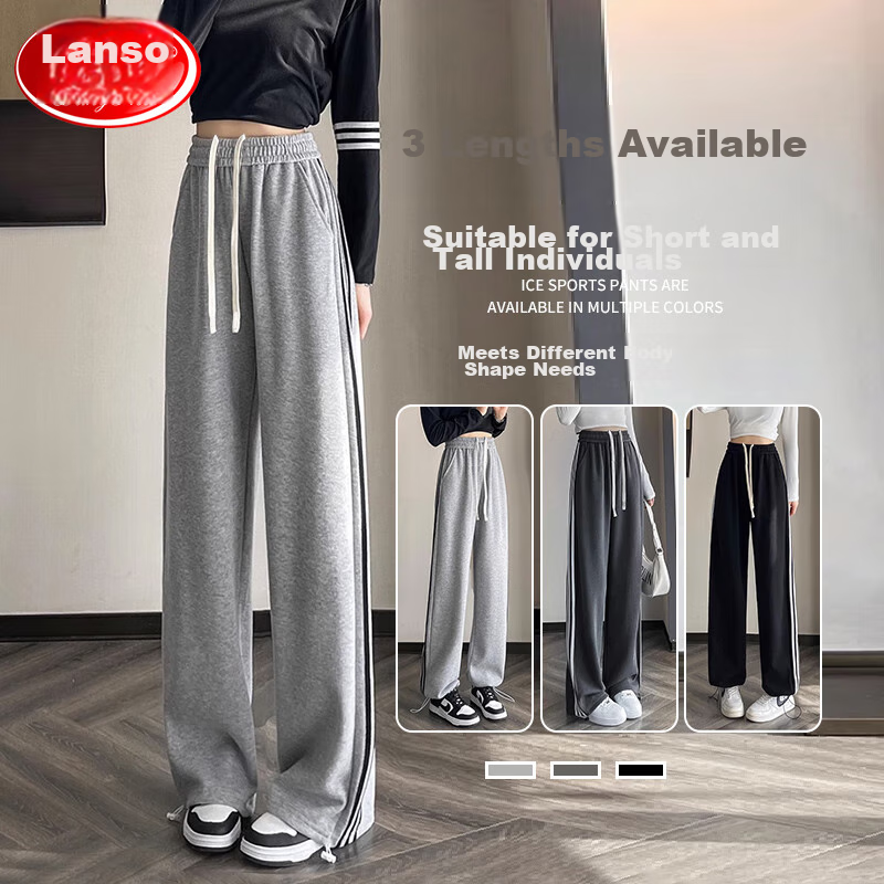 LangSha Women's Leggings with Two-Way Wear, Straight-Leg Three-Stripe Cotton Pants for Autumn Outdoor Wear, Sports Pants with Elastic Cuffs, Loose High-Waist Drawstring Sweatpants
