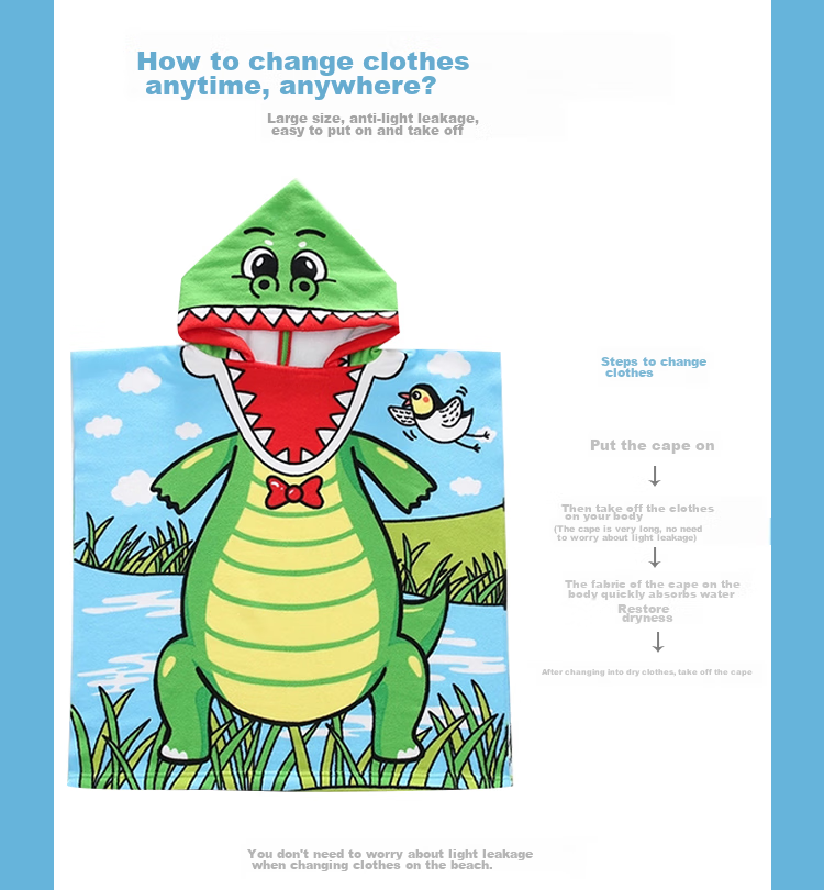 9I9 Children's Bathrobe, Summer Thin Baby Towel, Hooded Cape, Bathroom Beach Wearable, Absorbent Cloak, Cartoon Dinosaur Desig 5