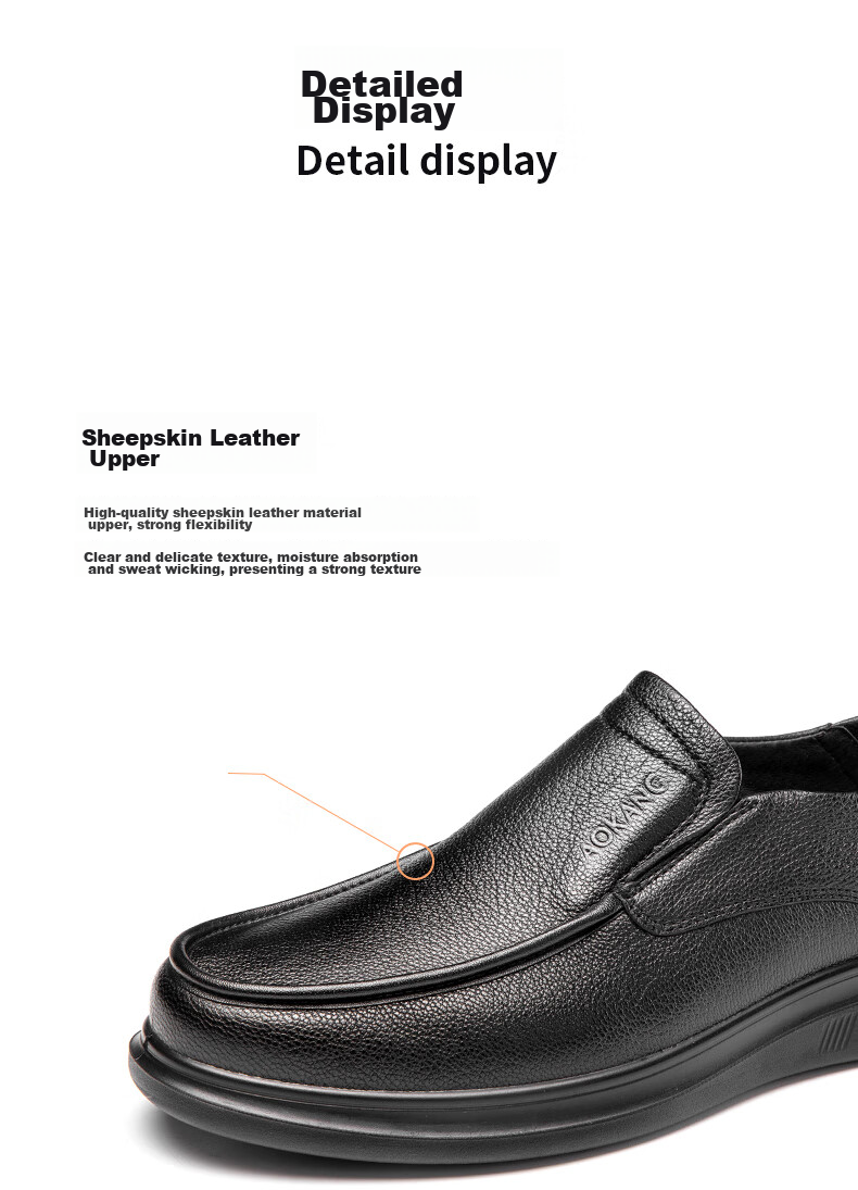 Aokang Men's Shoes, Sheepskin Men's Business Casual Round Toe Slip-On Breathable Soft-Soled Leather Shoes, Black, Size 42 13
