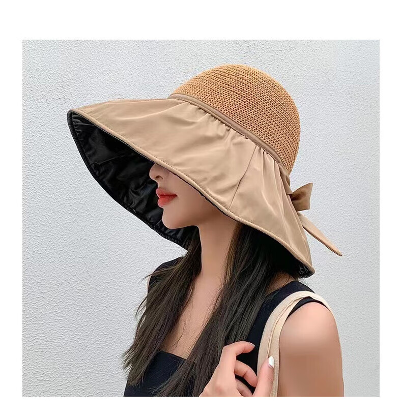 LangSha Sun Protection Hat for Women, Summer UV-Resistant Black Gel Wide Brim Sun Hat, Full Face Coverage Fisherman Hat, Beige 15