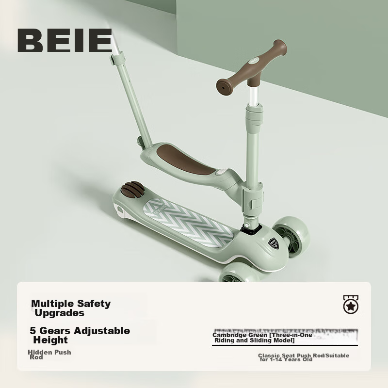BEIESTATE Premium 3-In Scooter for Ages 1-3 Children's Detachable Foldable Birthday Gift, Cambridge Gree