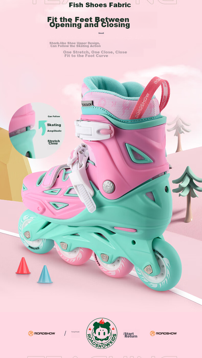 ROADSHOW Kids Roller Skates 6-12 Years Professional Casual Inline Skates S Size Peach Pink Set 16