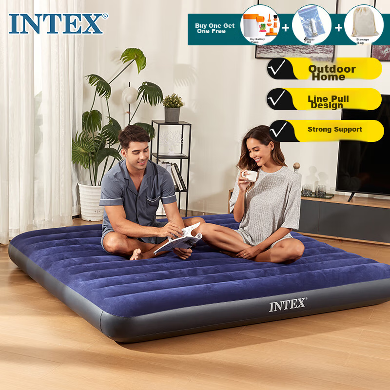INTEX Extra Large Three-Person Home Sleeping Pad, Outdoor Car Bedding, Inflatable Mattress, Tent Folding Bed, Includes Dry Battery Pump, 64755