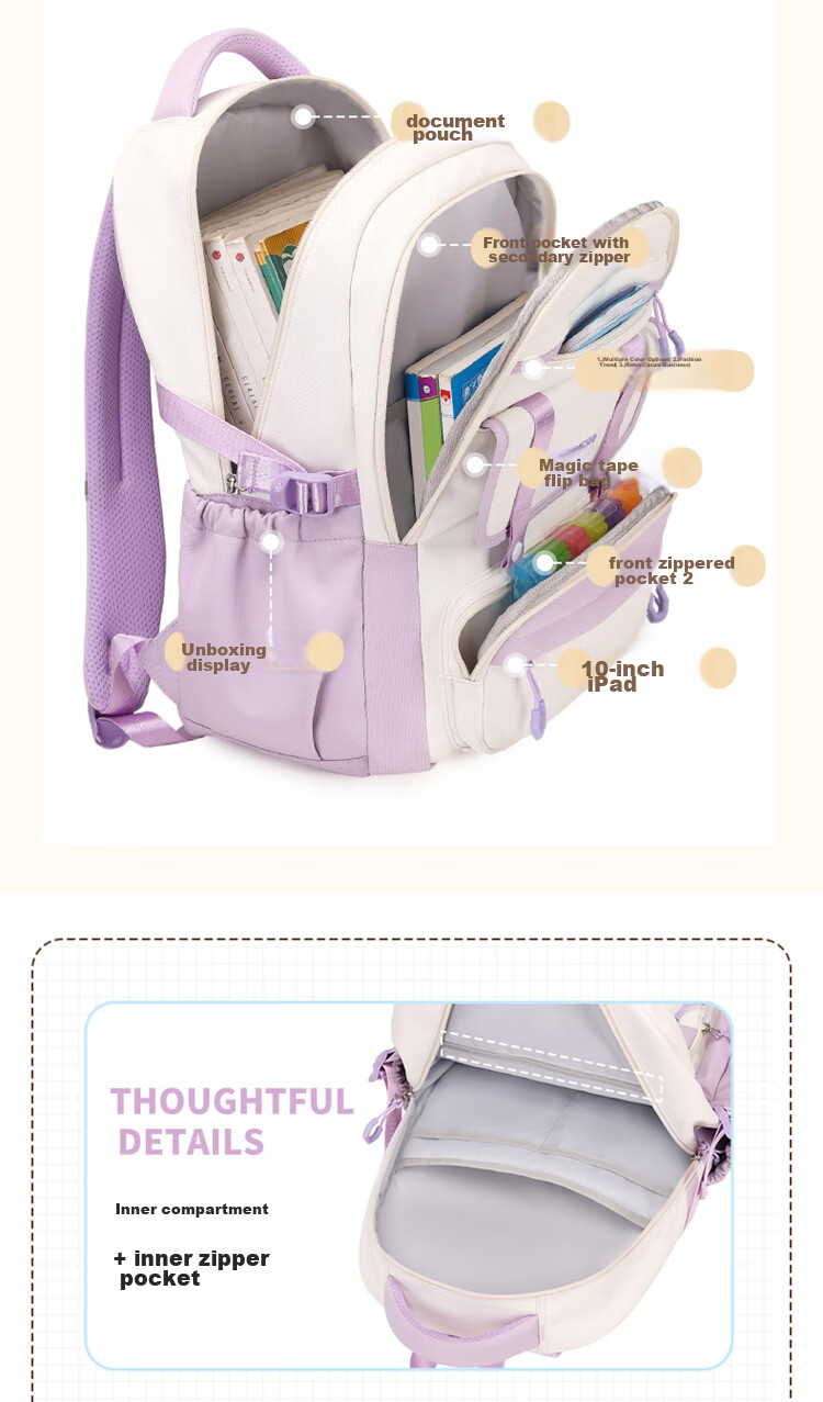 COOLBABY Middle School Student Backpack with Large Capacity And Multiple Compartments, Girls' High School Student Shoulder Bag, Karisha Series 5