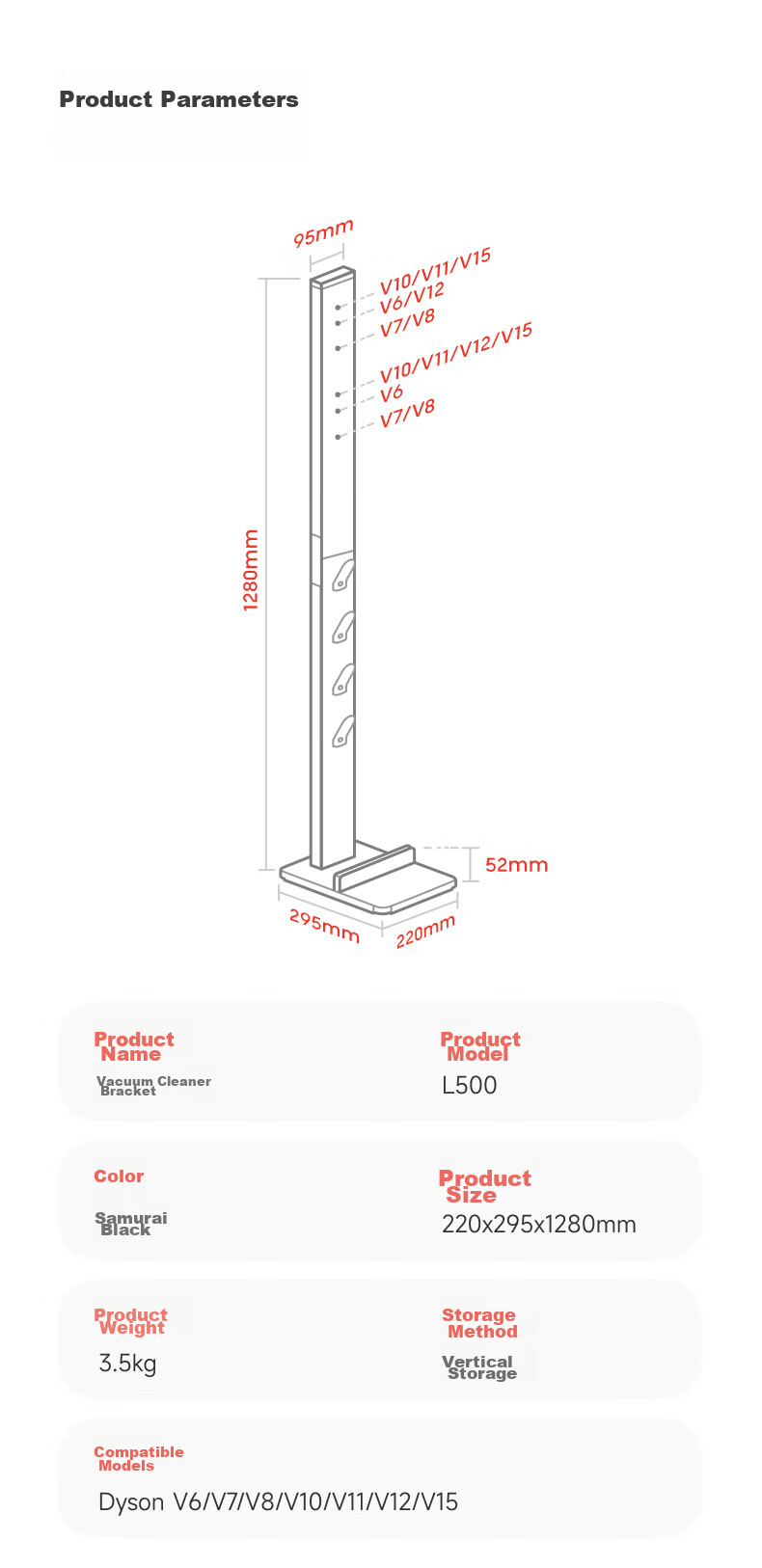 Brateck Vacuum Cleaner Stand, No Drilling Required Wall Mount Bracket, Suitable for Dyson Vacuum Cleaners G5 V8 V10 V12 V15 Storage Rack, Dyson Stand, Dyson Vacuum Cleaner Accessories L500 22