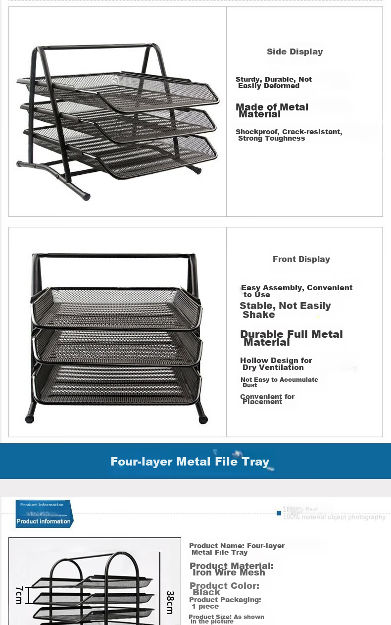 Kelangxinsheng Four-Linked Metal Desktop File Organizer, Office Desk Multi-Layer Document Rack Grid Hollow File Holder/document Tray, Four-Linked File Basket 3