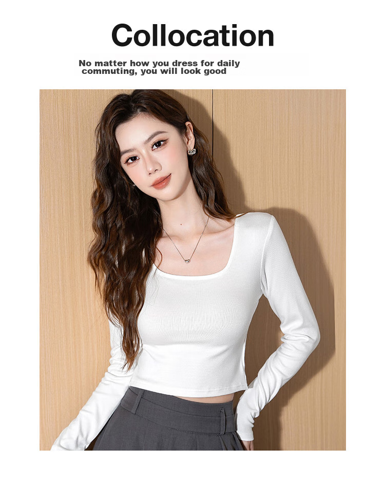 NOME Straight Shoulder Square Neck T-Shirt for Women, Inner Layer Undershirt, Spring Autumn Summer Tight-Fitting Hot Girl Long Sleeve Short Top, Black, Size S 9