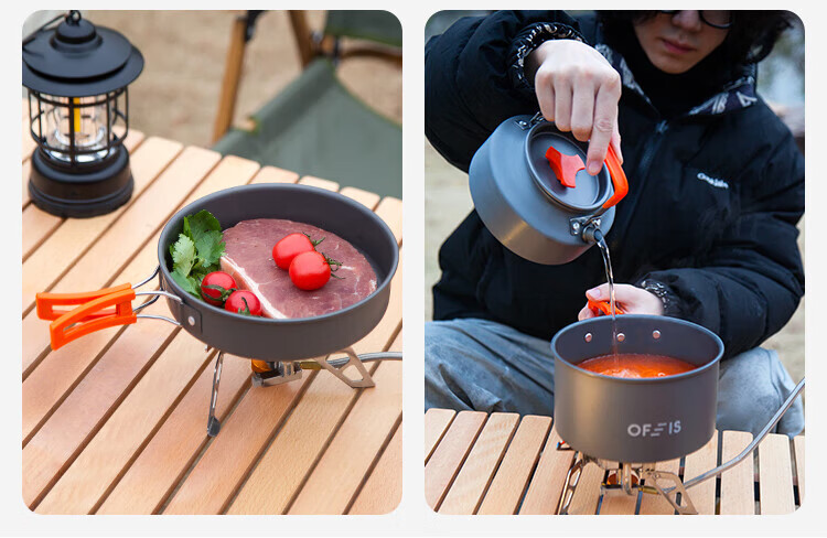 OFEIS Outdoor Cookware Three-In Teapot Frying Pan Camping Stove Set, Ultra-Light Aluminum Alloy Pot Set (10-Piece Set) 18