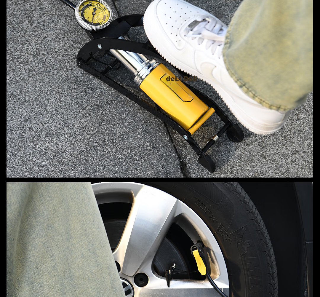Deli Dual-Cylinder Foot Pump, Car Bicycle Basketball Bike Inflator, Road Bike Pump with Gauge 26