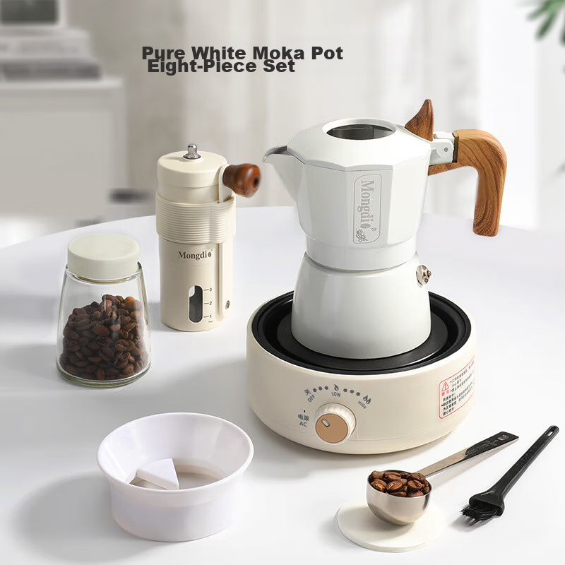 Mongdio Double Valve Moka Pot Set with Coffee Maker, Grinder, Electric Stove, Coffee Filter Paper, Coffee Brewing Equipment, 8-Piece Set