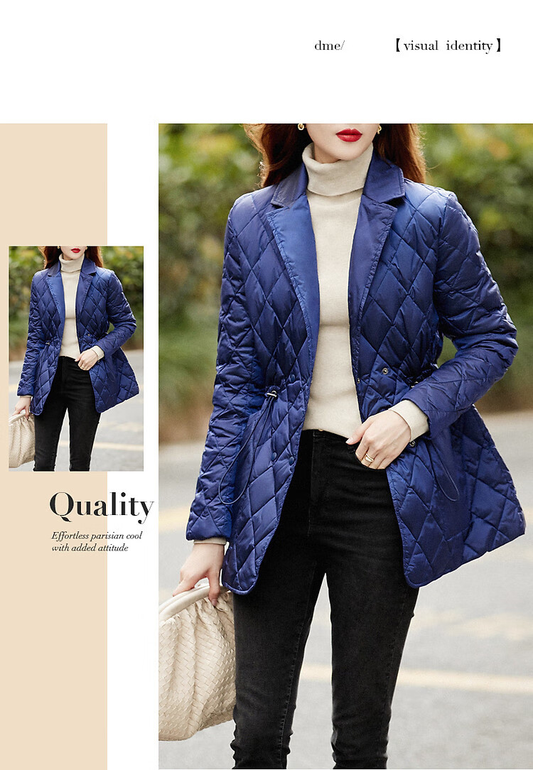 Dme Diamond Pattern Short down Jacket, Winter Commute Style, Lapel Collar, Drawstring Waist, Diamond Pattern Suit Style down Jacket for Women, Short Style 8