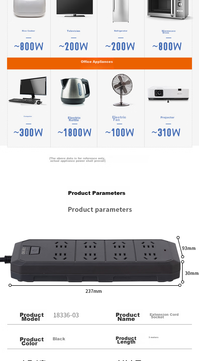 Deli New National Standard 3C Certified Power Strip with Individual Switches, Child Safety Lock, 3 Meters Long, 3985 9