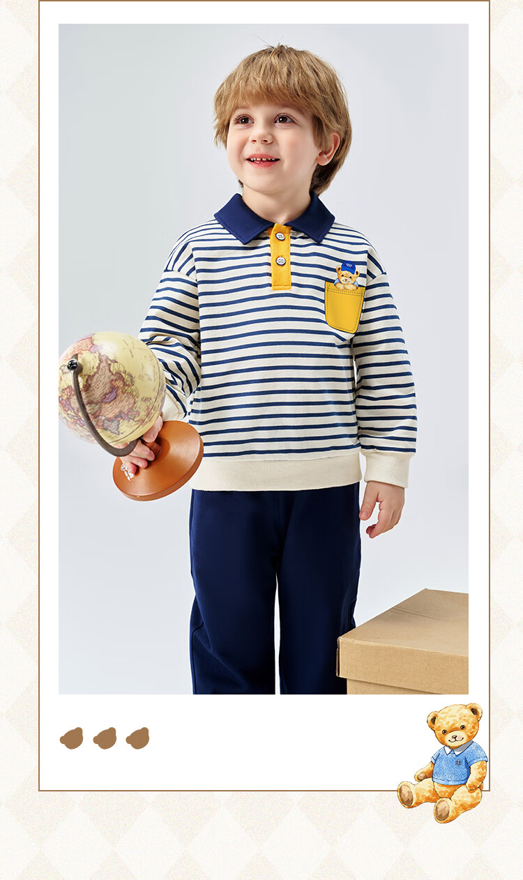 Classic Teddy Boys' Polo Shirt and Sweatpants Set, Dark Blue, Size 120, Spring Collection 15