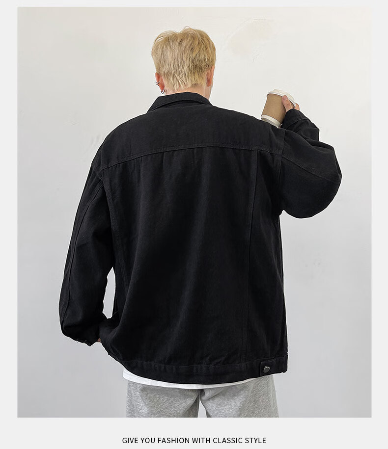 Dingfengbaoluo Casual Workwear Denim Jacket for Men, Spring Season Loose Fit Retro Lapel Versatile Coat HL38 Black L 8