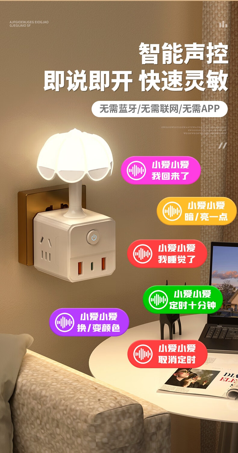 Sushihelmo [7-color AI Voice Control] European-style Warm Night Light Magic Cube Socket with Multiple USB + Type-C Ports, Stepless Dimming Three Color Temperatures, Bedroom Atmosphere Charging Dual Sc 1