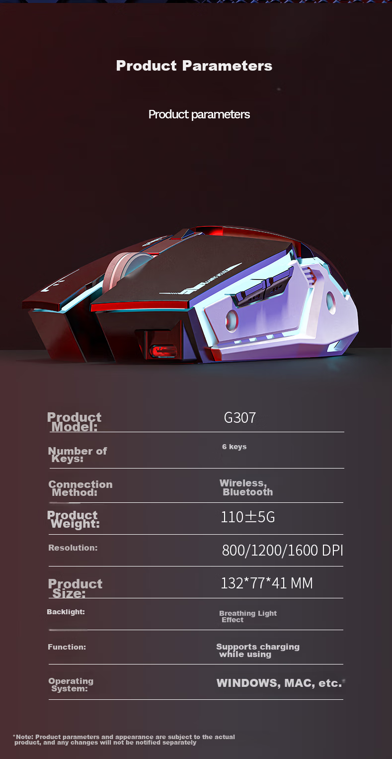 EWEADN G307 Wireless Bluetooth Dual-Mode Mouse with Mechanical Feel, Rechargeable Low-Frequency Gaming Mouse for Laptop And Desktop Computers, Universal for PUBG CF Peripherals, Cool Black 8
