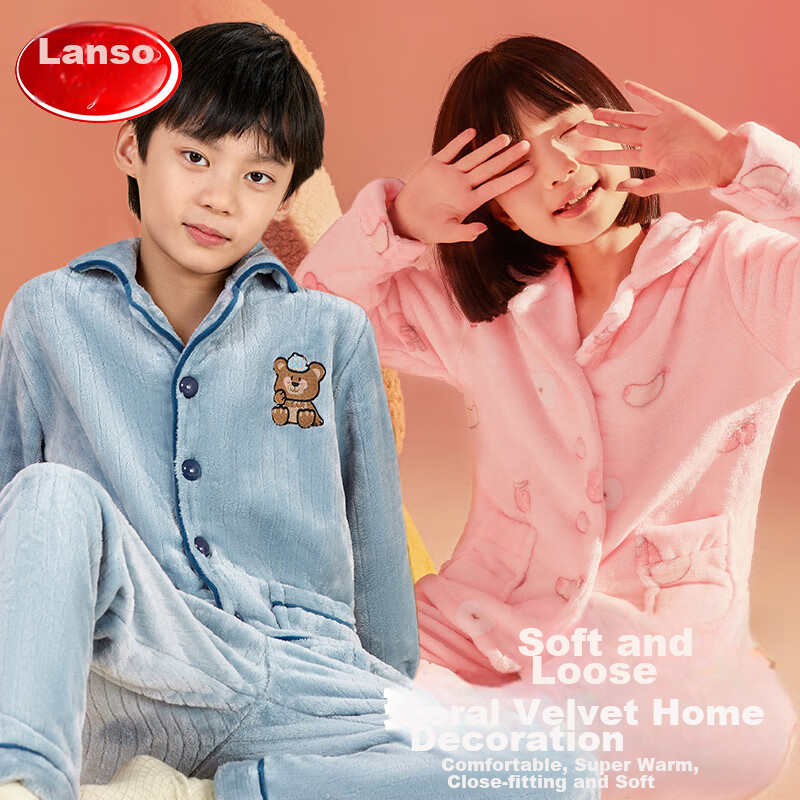 LangSha Children's Pajamas, Autumn And Winter, for Boys And Girls, Thickened Double-Sided Flannel, for Older Children, Fleece-Lined Home Wear Set, Size 30