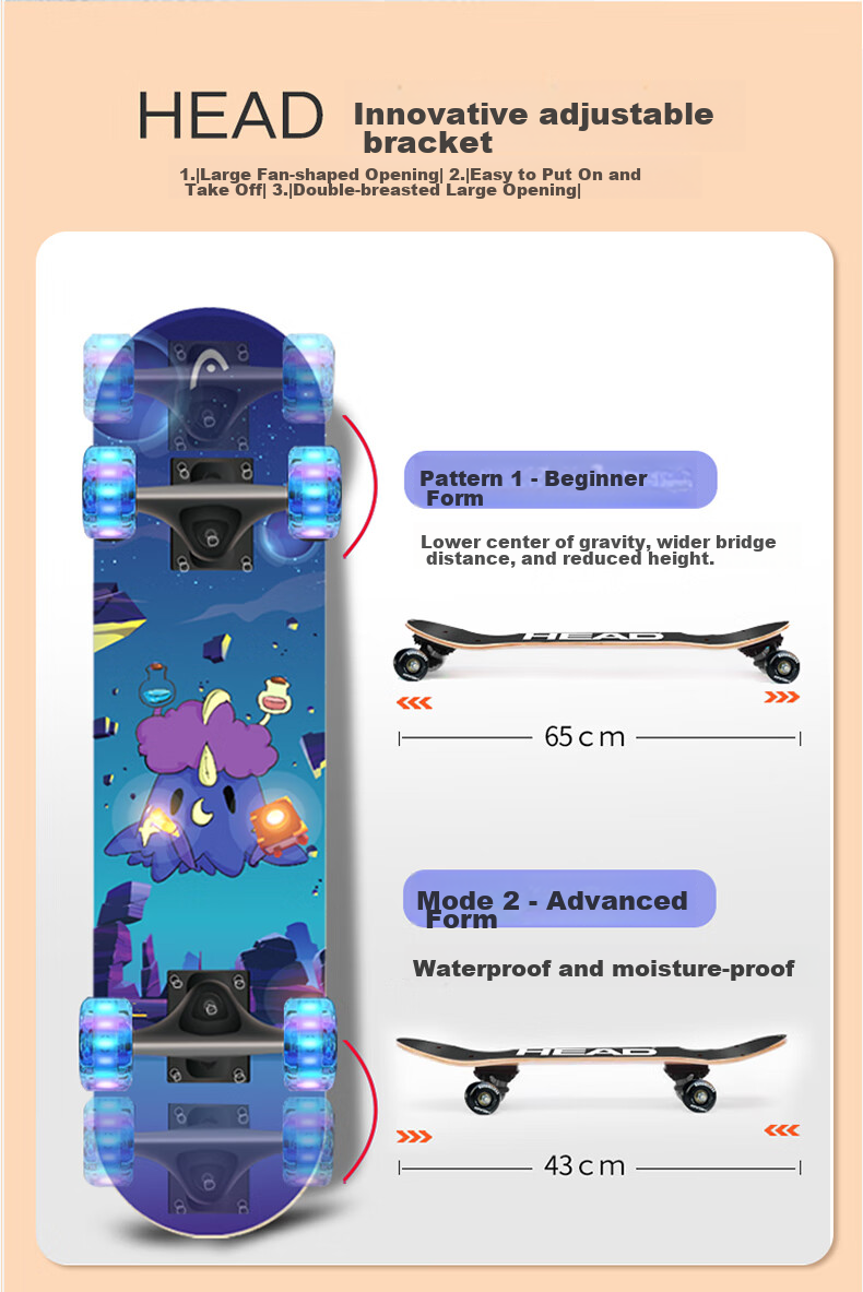 HEAD Children's Skateboard for Beginners, Four-Wheel Light-Up Double-Warped Skateboard for Boys And Girls Aged 3-9, Professional Entry-Level Skateboard, Magic Planet 7