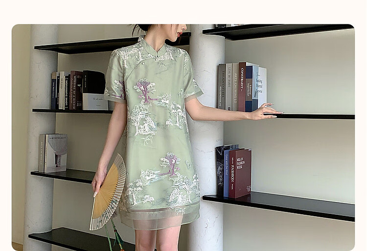 Dme [Banshixi Mingyue] Summer Chinese-Style New Light-Weight Faux Tencel Embroidered Comfortable Concealing Semi-High Collar Dress 4