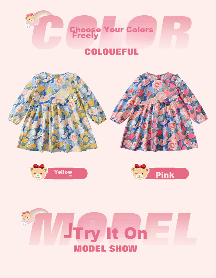 Classic Teddy Girls' Dress, Children's One-Piece Dress, Pure Cotton Princess Dress for Young Children, Floral Long Dress, Pink, Size 110 4