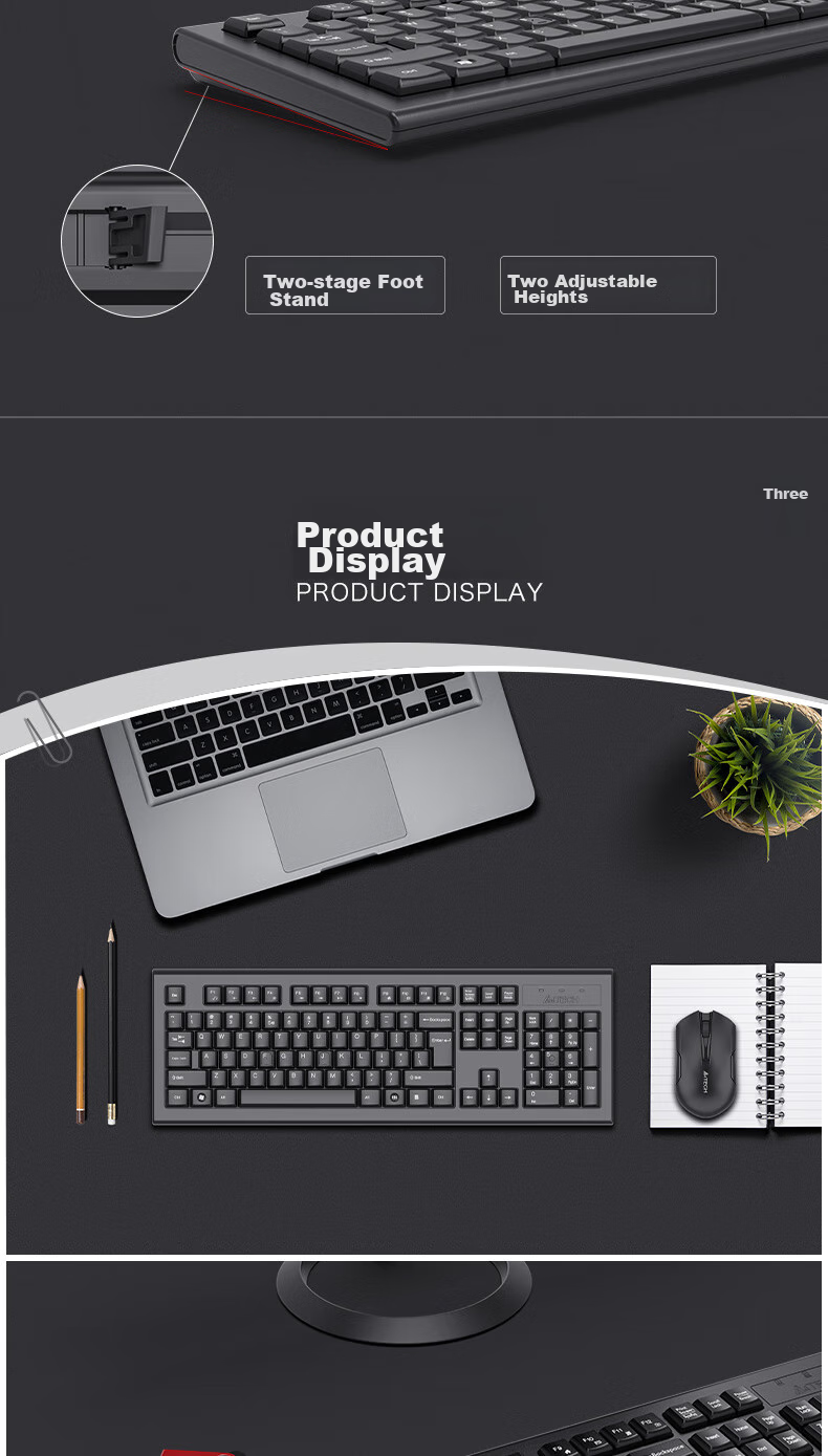 A4TECH 3000N 104-Key Wireless Keyboard And Mouse Combo, Wireless Keyboard And Mouse Set, Thin Film Office Keyboard with Good Typing Feel, Black, Wireless 4