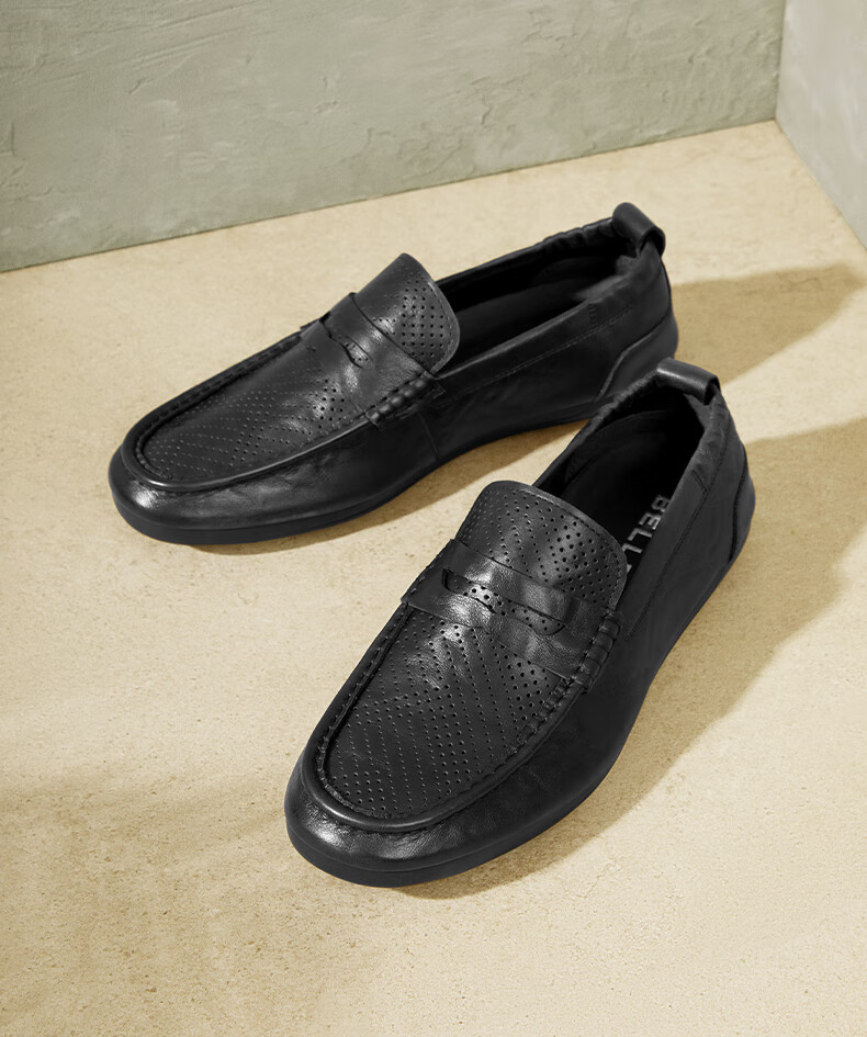 Belle Slip-On Casual Shoes for Men, Same Style As in Shopping Malls, Cowhide Leather Perforated Breathable Loafers 8HG01BM4 Black Size 40 4
