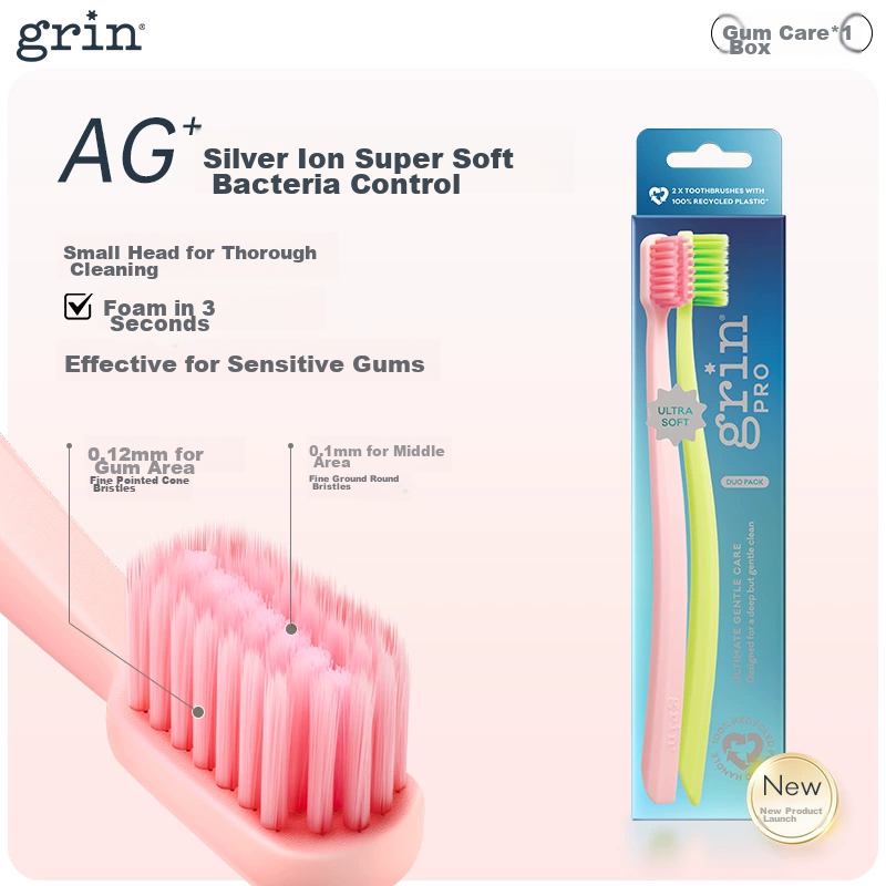 Grin Adult Antibacterial Sensitive Toothbrush with Small Head And Soft Bristles for Cleaning, Suitable for Men And Women, Couples, Home Use, Family Pack of 2