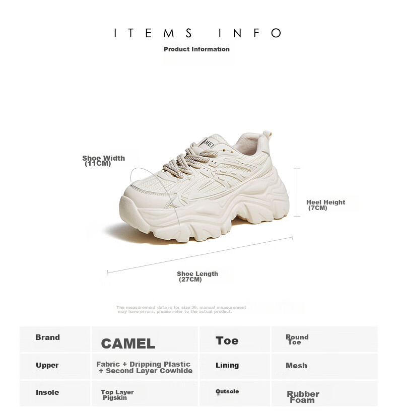 CAMEL Dad Shoes for Women, Mesh And Leather Patchwork, Double Lace-Up Thick-Soled Casual Shoes L24S283079 Apricot Color Size 36 25
