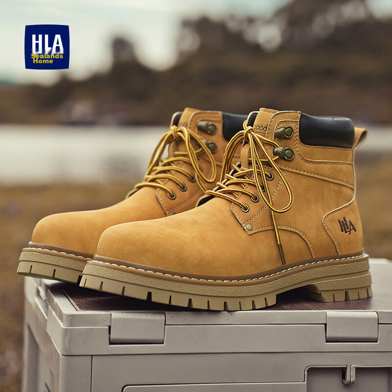 HLA Couple Boots, Yellow Boots for Men, Comfortable Thick-Soled Martin Boots, Men's Style T249, Earth Yellow Color, Size 42